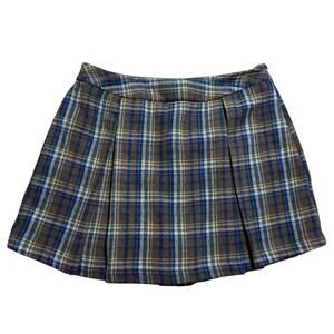 Sage The Label Brown Navy Plaid Pleated Wrap Skort Large Academia School Girl